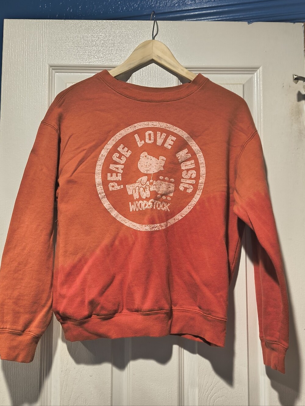 Woodstock Peace Love Music Dip Dye Ombre Orange Crewneck Sweater M